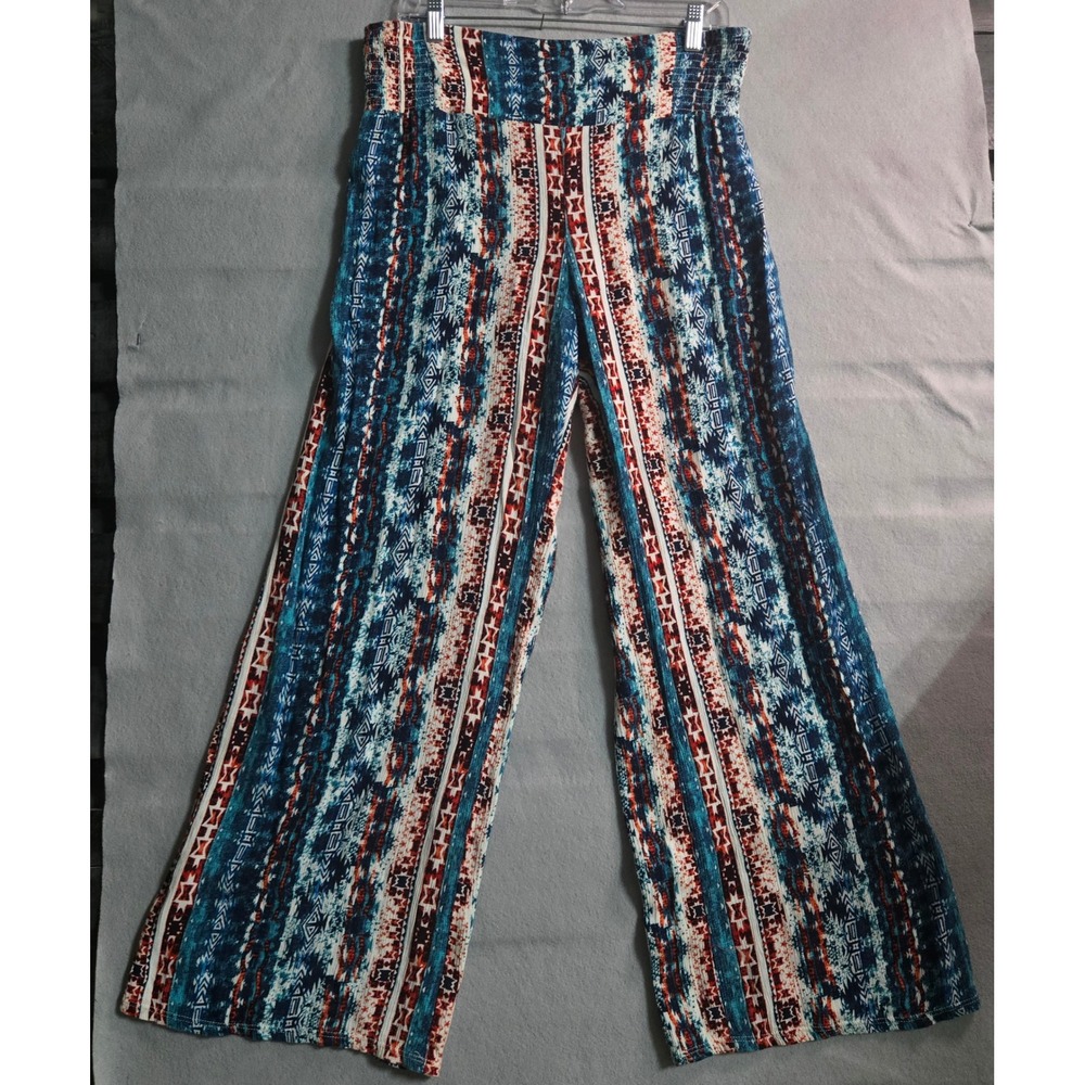 Womens Large Western Boho Print Smocked Waistband Wide Leg Pants Palazzo Hippie